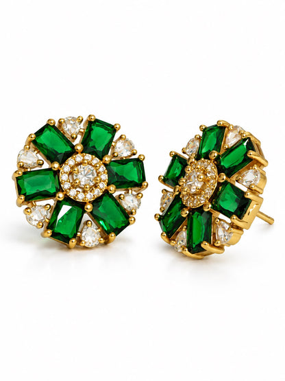 Green Baguette Petal Floral Stud Earrings - Gold Plated