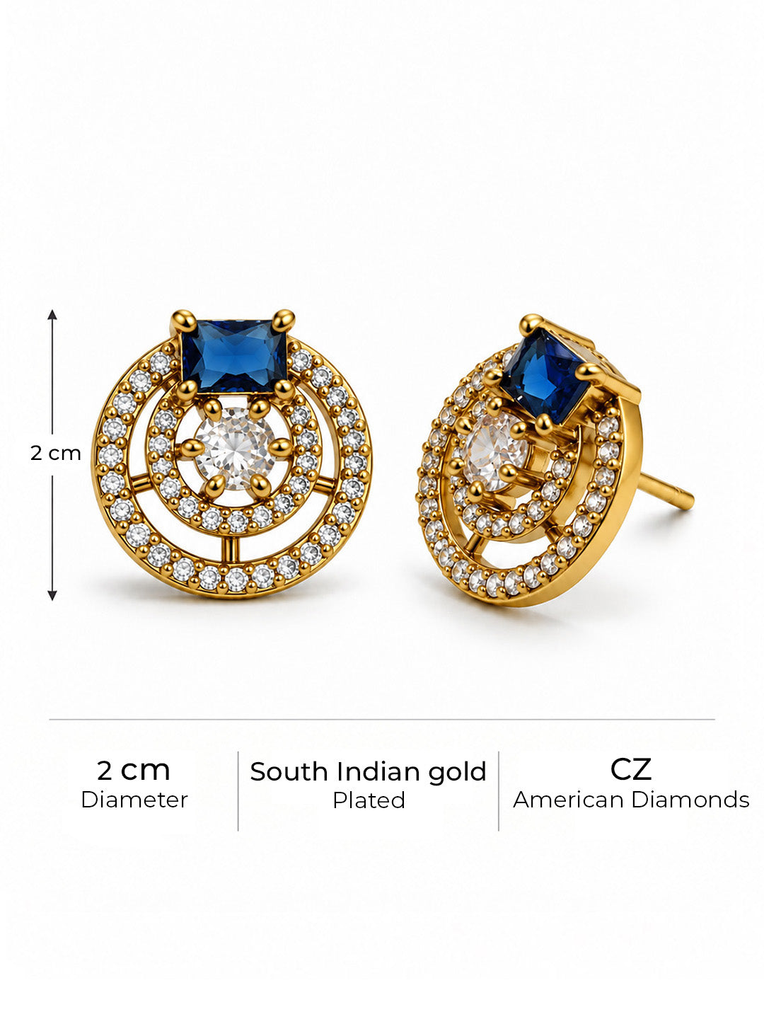Blue Stone Double Halo Stud Earrings, gold plated, size and plating details