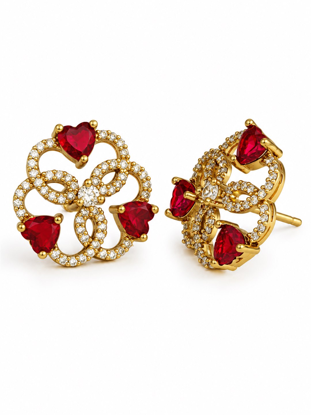 Red Three Heart Openwork Floral Stud Earrings - Gold Plated
