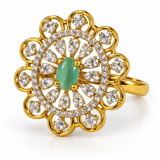 Mint Green Center Stone Scalloped Floral Halo Ring - Gold Plated