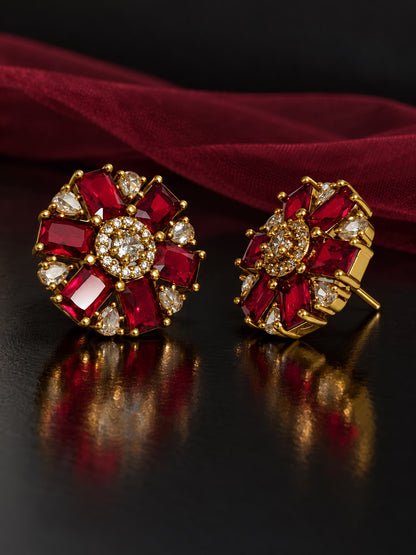 Red Baguette Petal Floral Stud Earrings - Gold Plated