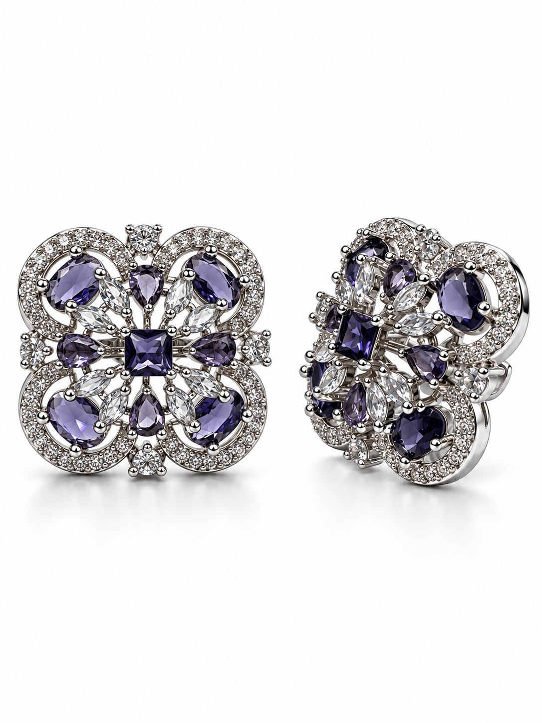 Purple Scrollwork Floral Stud Earrings in silver plating
