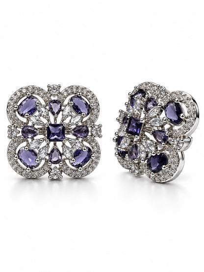 Purple Scrollwork Floral Stud Earrings in silver plating