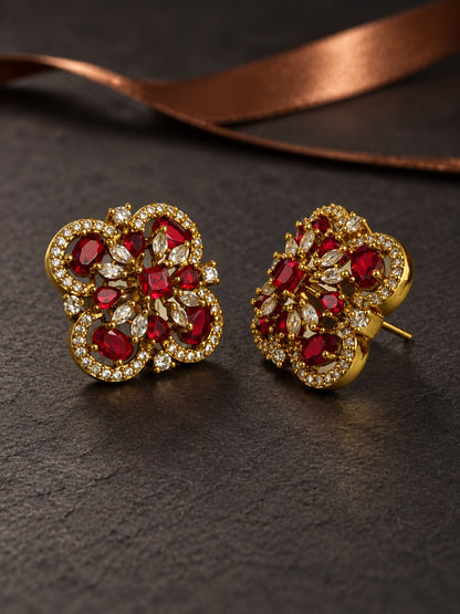 Red Four Petal Oval Stone Stud Earrings - Gold Plated