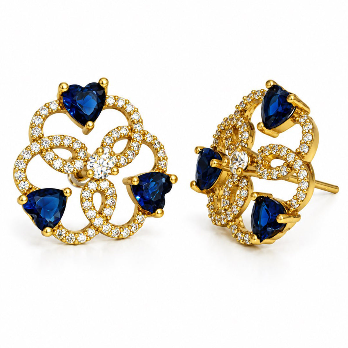 Blue Three Heart Openwork Floral Stud Earrings - Gold Plated