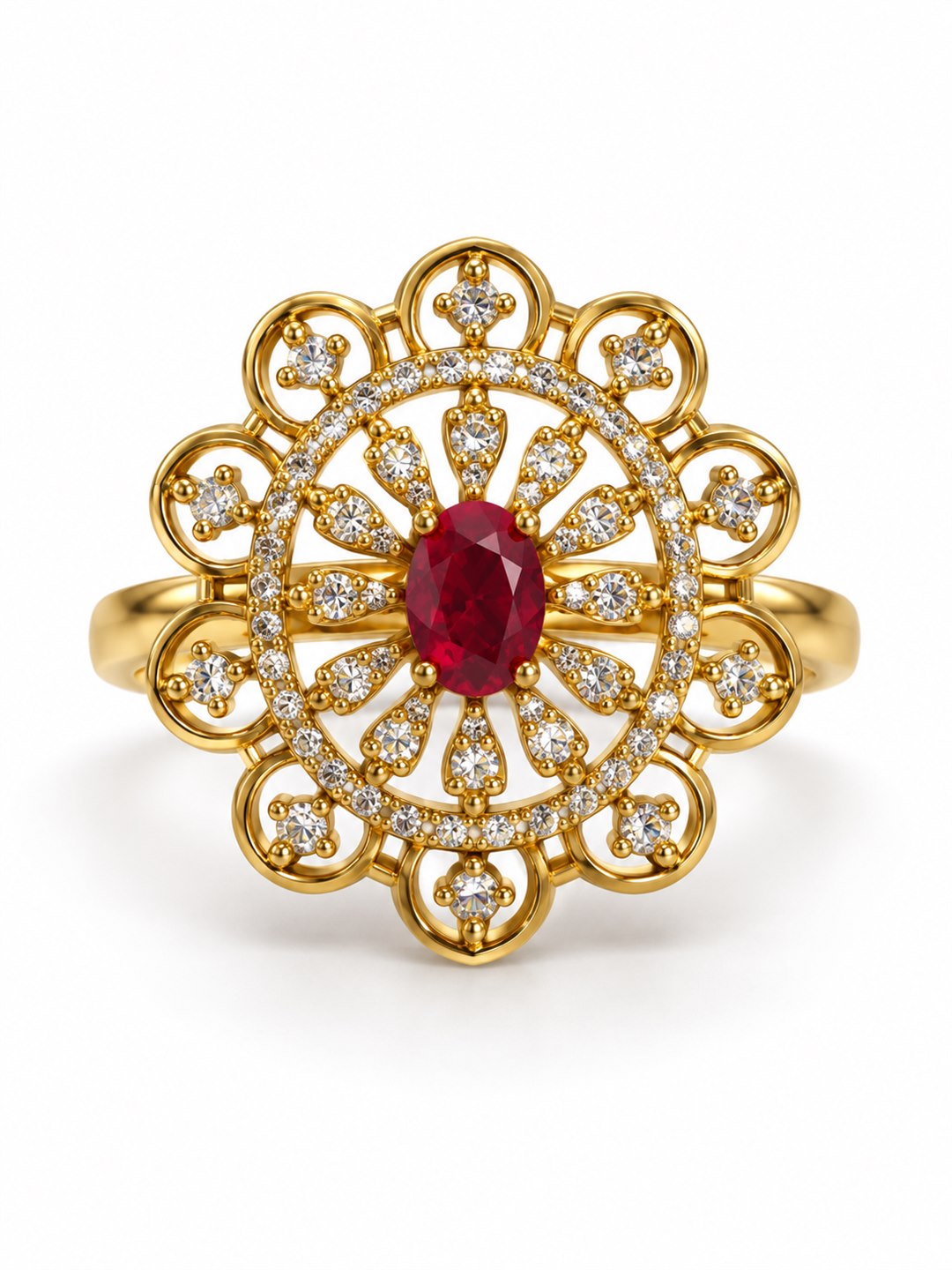 Red Stone Scalloped Sunburst Ring - Gold Plated, additional view 4