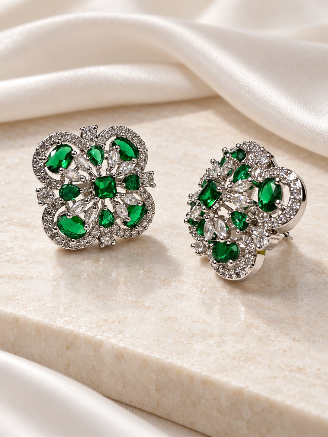 Green Scrollwork Floral Stud Earrings in silver plating