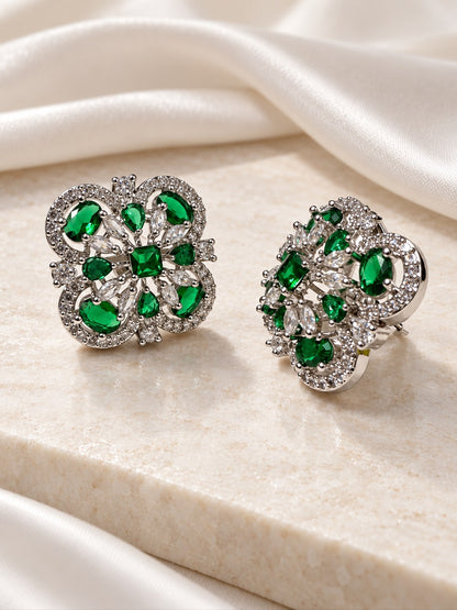 Green Scrollwork Floral Stud Earrings in silver plating