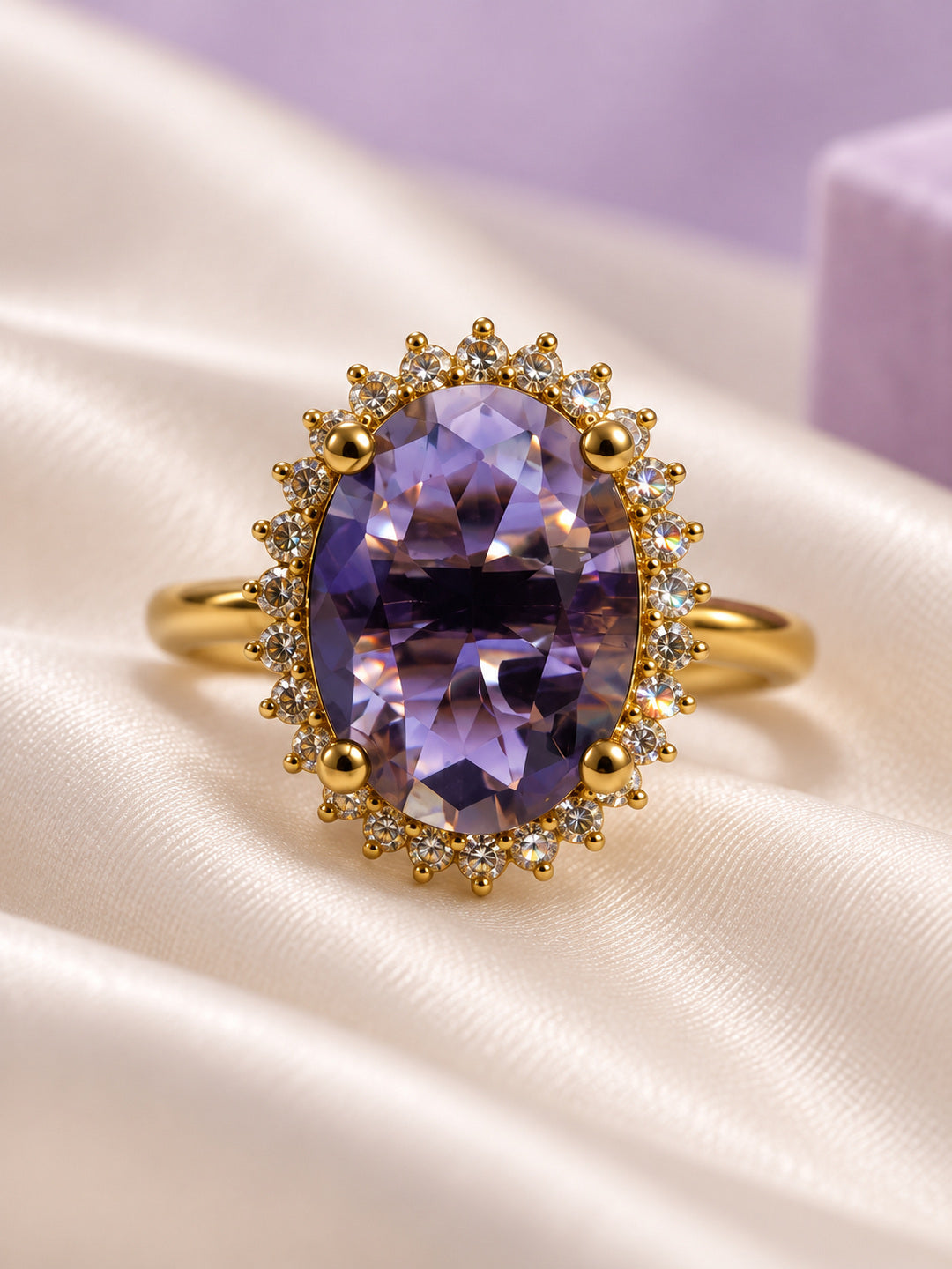 Purple Oval Stone Sunburst Halo Ring - Gold Plated, additional view 3