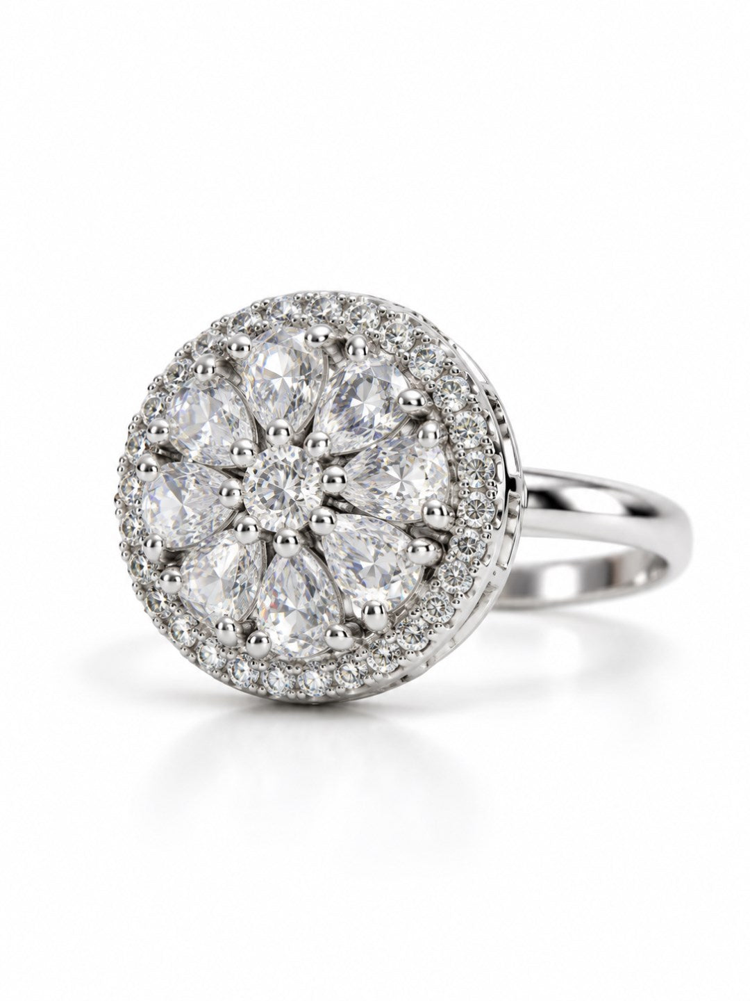 Clear Round Floral Cluster Ring - Silver Plated