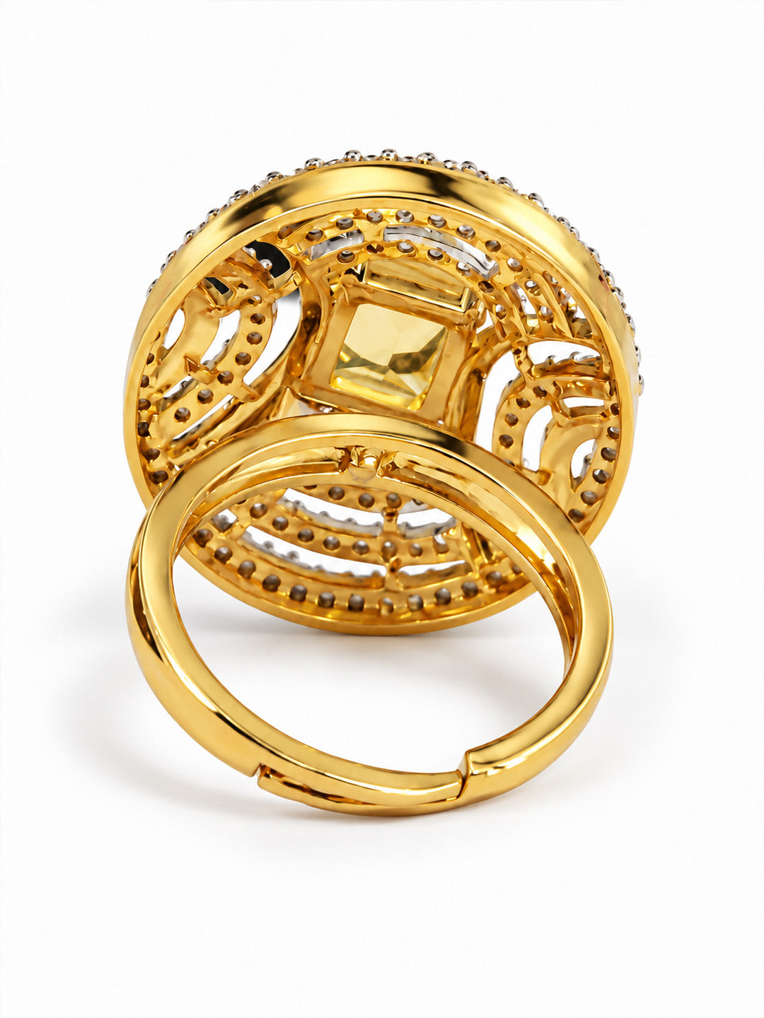 Yellow Center Stone Oval Geometric Halo Ring - Gold Plated