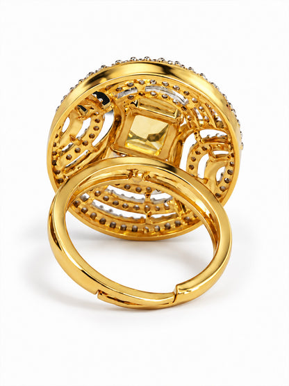 Yellow Center Stone Oval Geometric Halo Ring - Gold Plated
