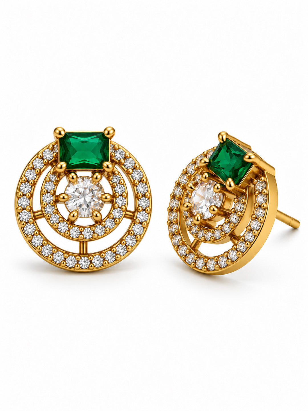 Green Stone Double Halo Stud Earrings, gold plated, alternate product view