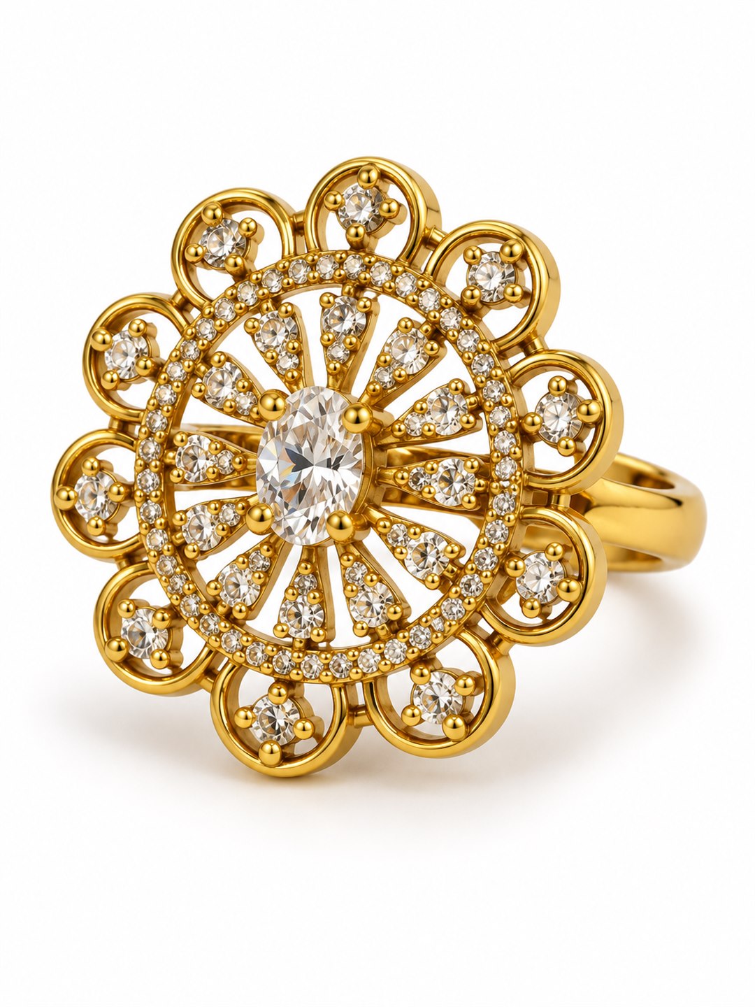 Clear Stone Scalloped Floral Ring - Gold Plated, additional view 1