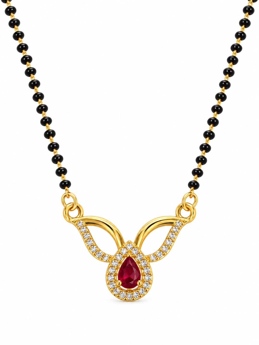 Red teardrop and open leaf gold-plated mangalsutra