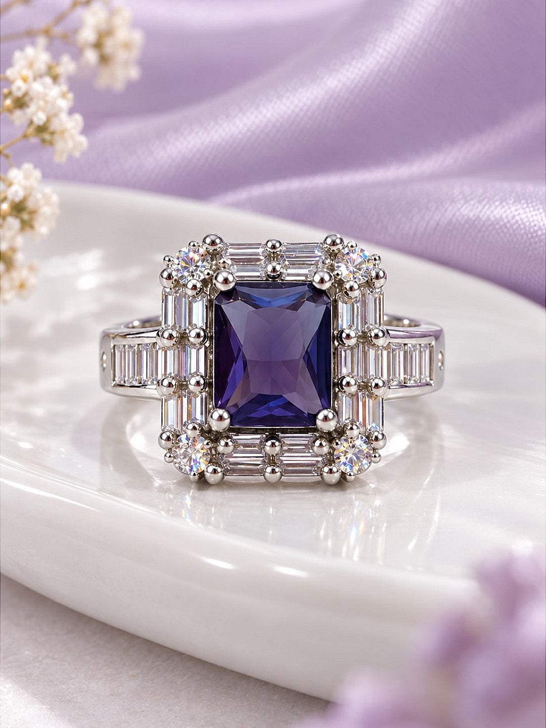 Purple Center Stone Baguette Halo Ring - Silver Plated product image