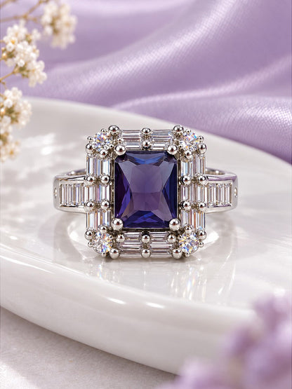Purple Center Stone Baguette Halo Ring - Silver Plated product image
