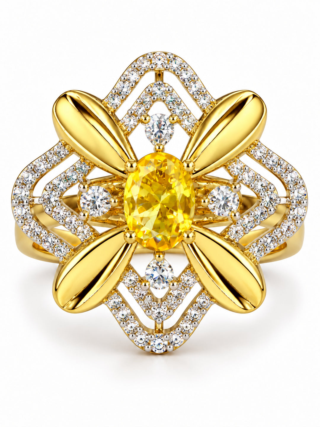 Yellow Center Stone Four-Petal Floral Ring - Gold Plated