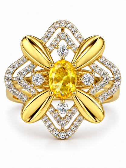 Yellow Center Stone Four-Petal Floral Ring - Gold Plated