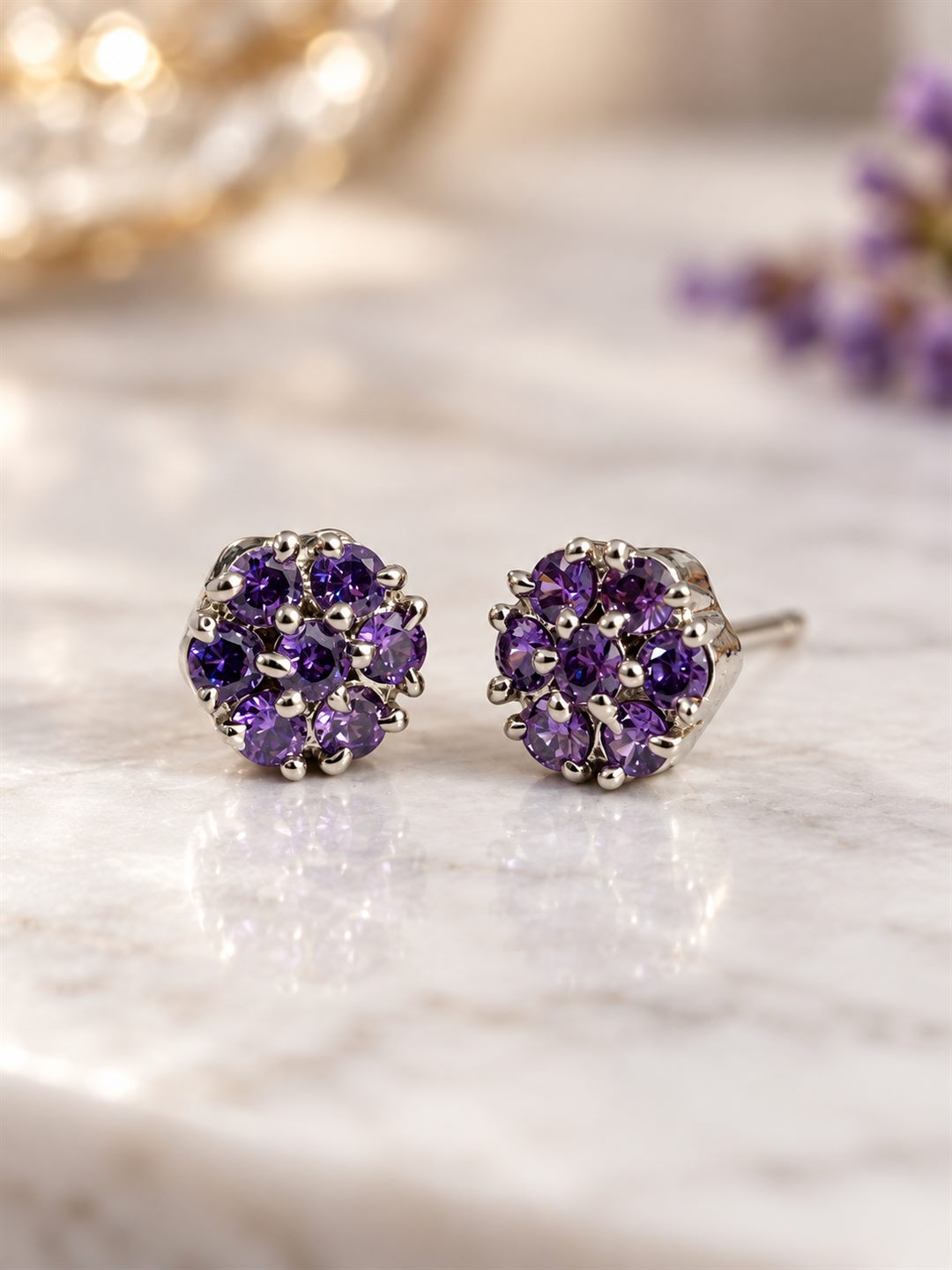 Purple Stone Floral Cluster Stud Earrings, silver plated, lifestyle view