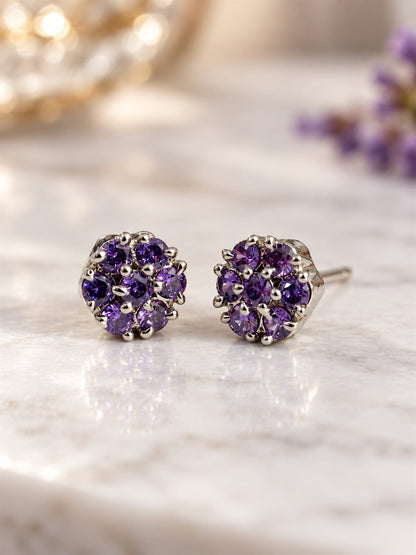Purple Stone Floral Cluster Stud Earrings, silver plated, lifestyle view