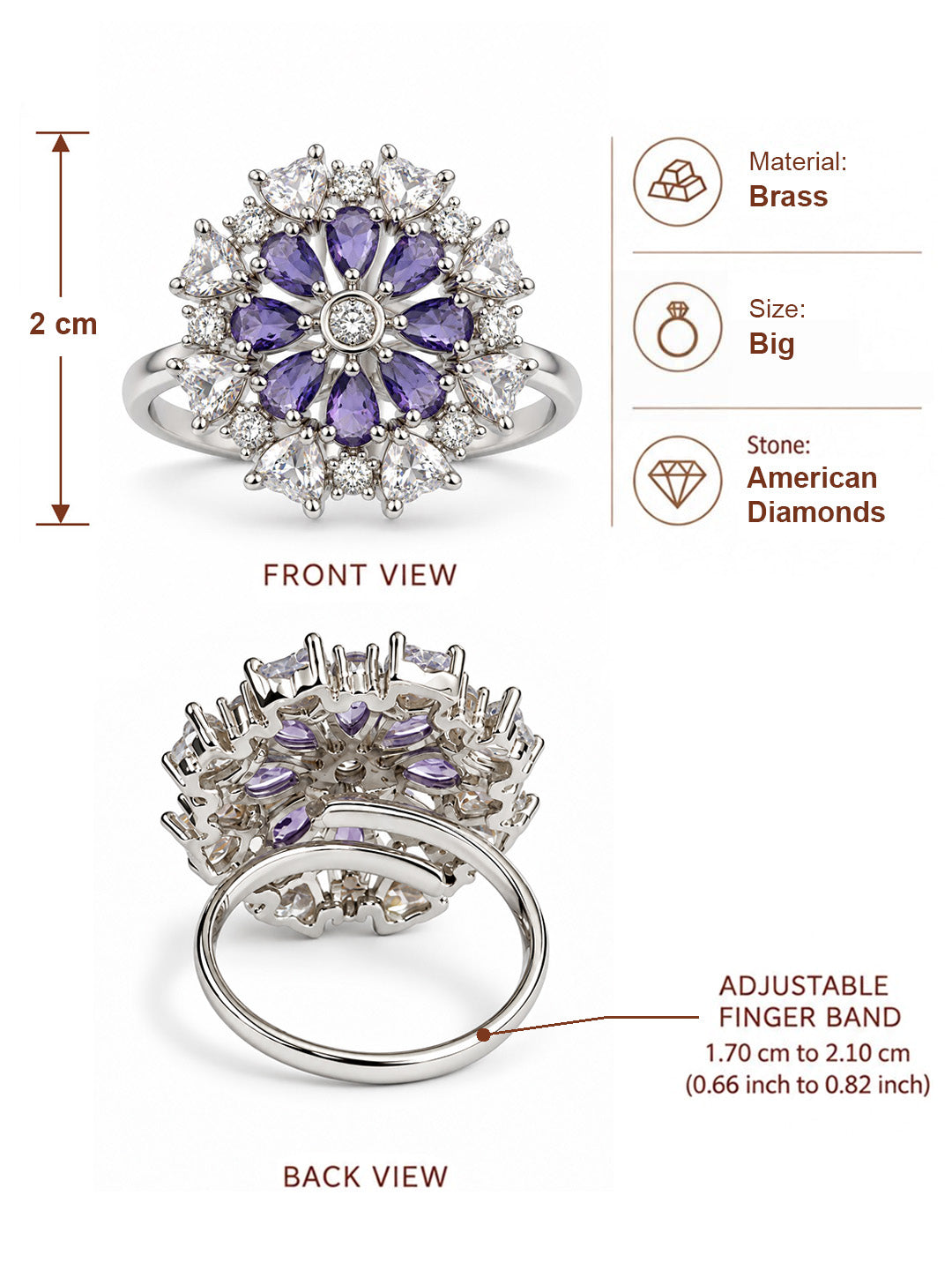 Purple Petal Halo Flower Ring - Silver Plated - alternate view