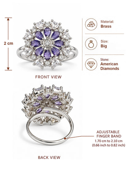 Purple Petal Halo Flower Ring - Silver Plated - alternate view