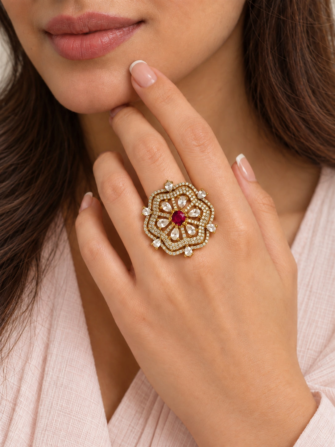 Red Stone Scalloped Floral Halo Ring - Gold Plated, model close-up