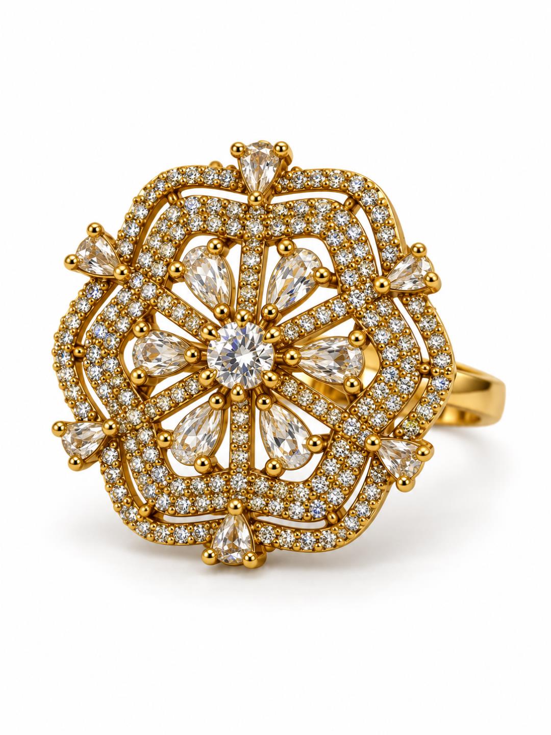 Clear Stone Scalloped Floral Halo Ring - Gold Plated, additional view 2