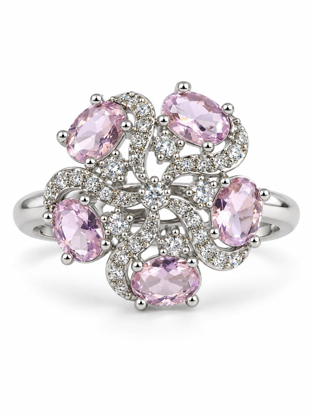Pink Oval Stone Floral Ring - Silver Plated - alternate view