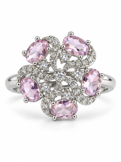 Pink Oval Stone Floral Ring - Silver Plated - alternate view