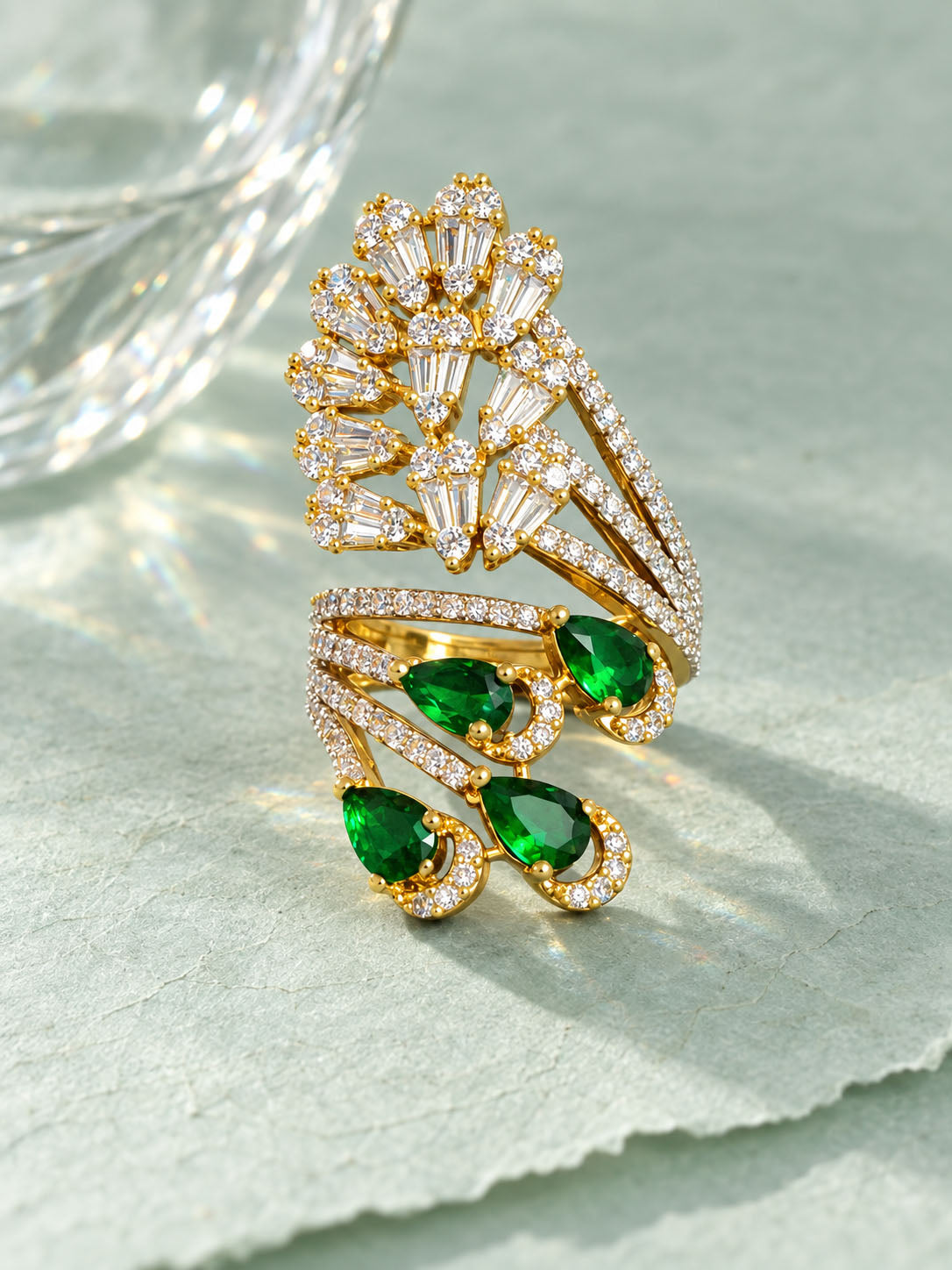 Gold Plated Green AD Adjustable Cocktail Ring For Women - product image 7