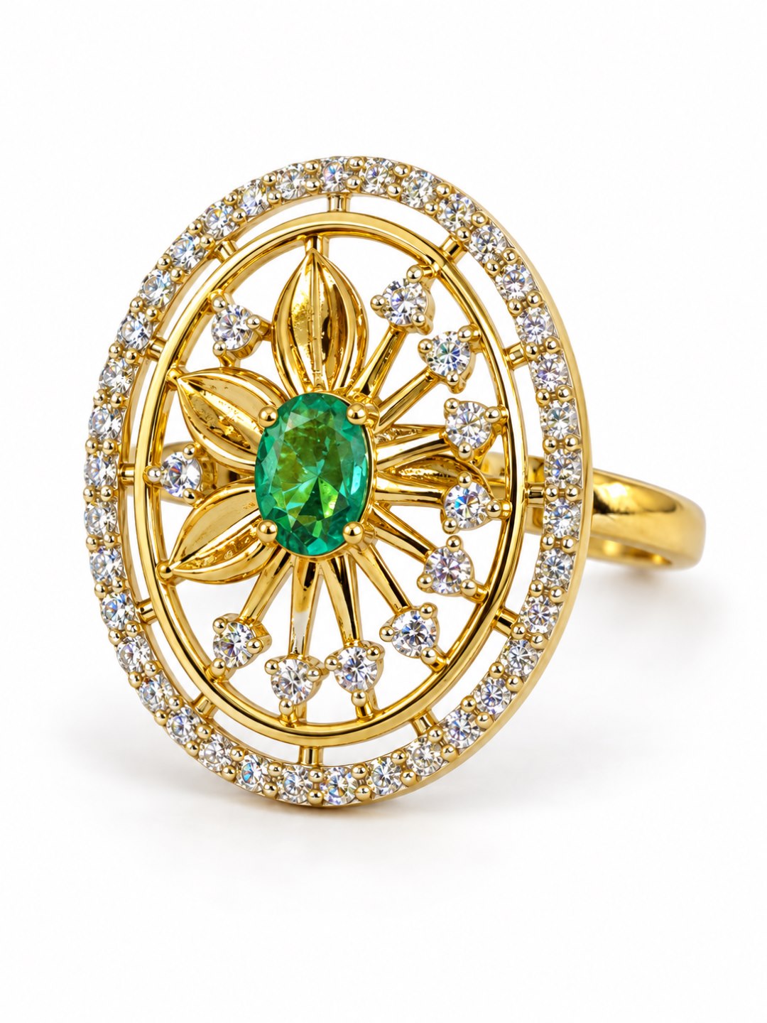 Sea Green Center Stone Oval Sunburst Ring - Gold Plated