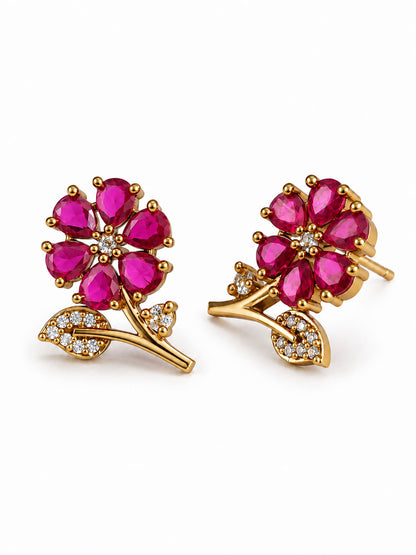 Pink Floral and Leaf Stud Earrings, gold plated, alternate product view