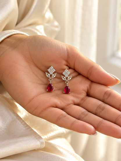 Red Teardrop Floral Drop Earrings - Silver Plated, additional view 4