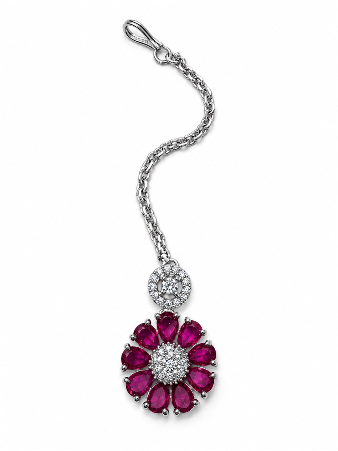 Magenta Teardrop Floral Maang Tikka - Silver Plated, additional view 2