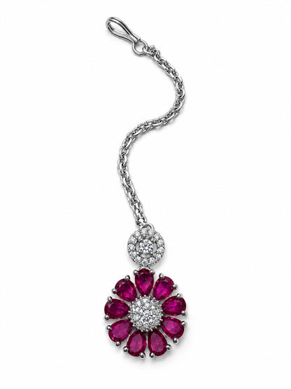 Magenta Teardrop Floral Maang Tikka - Silver Plated, additional view 2