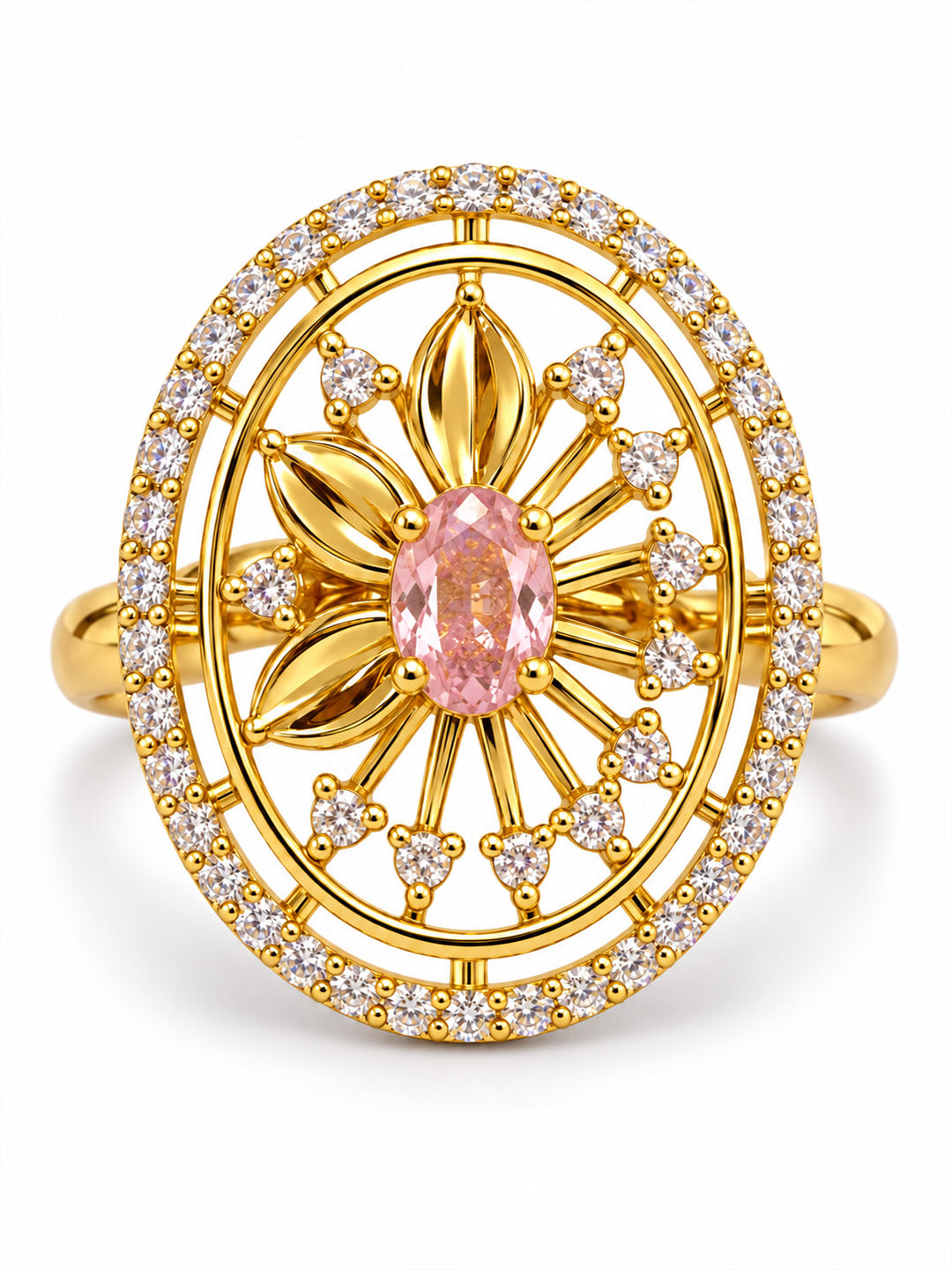 Pink Center Stone Oval Sunburst Ring - Gold Plated