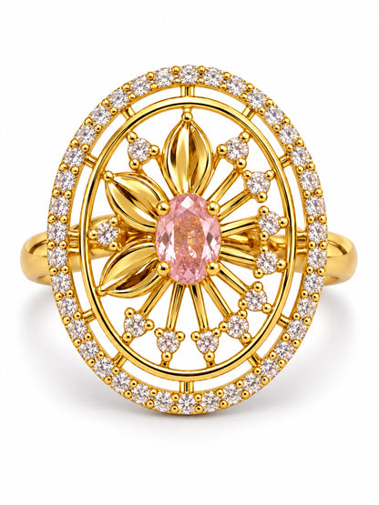 Pink Center Stone Oval Sunburst Ring - Gold Plated