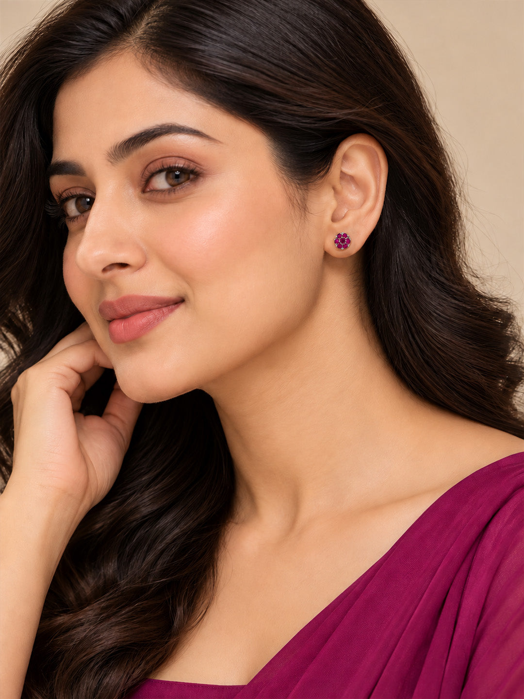 Magenta Stone Floral Cluster Stud Earrings, silver plated, worn on model