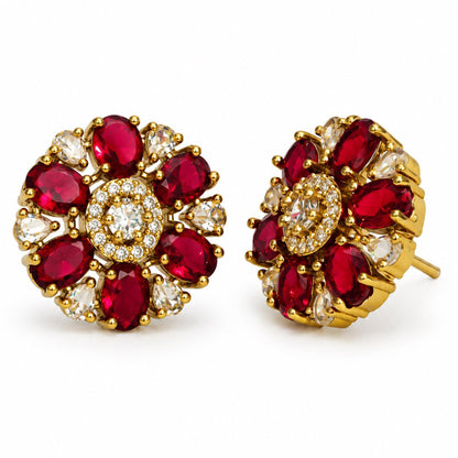 Red Oval Petal Floral Stud Earrings - Gold Plated