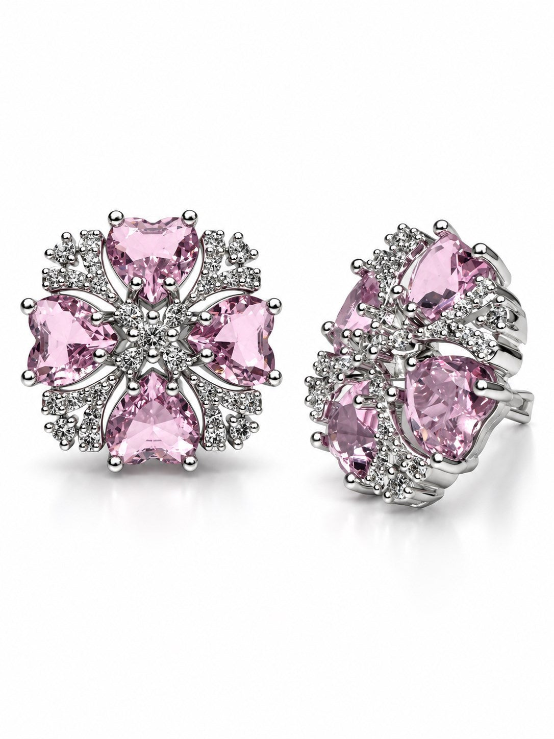 Pink Heart Stone Floral Stud Earrings in silver plating
