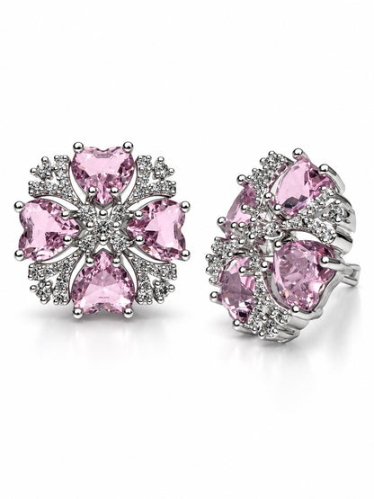 Pink Heart Stone Floral Stud Earrings in silver plating