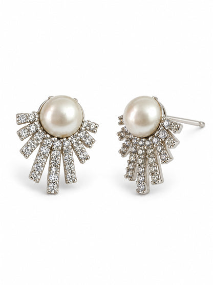 White Pearl-Effect Sunray Fan Stud Earrings, silver plated, alternate product view