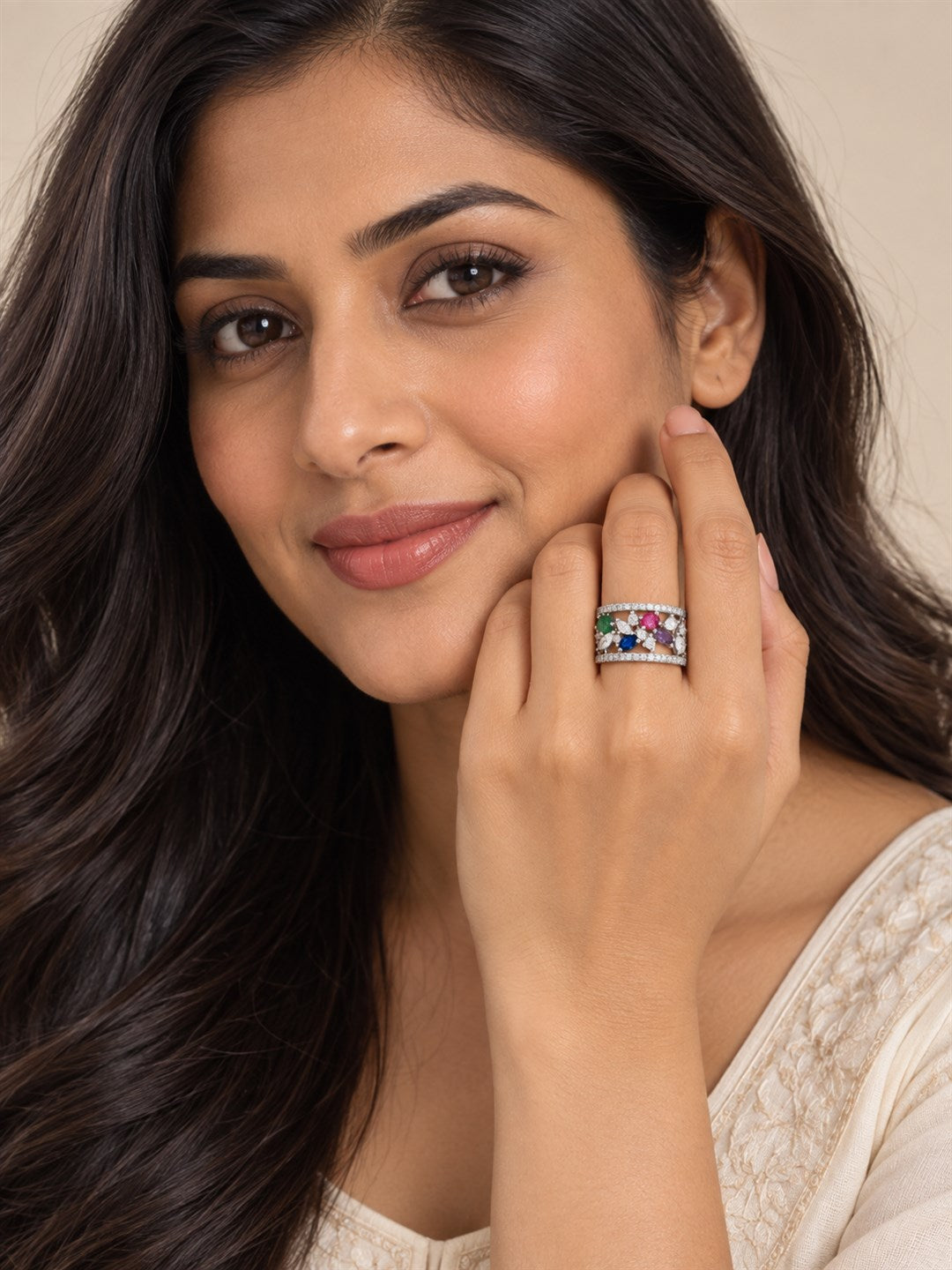 Multicolor Floral Band Ring - Silver Plated