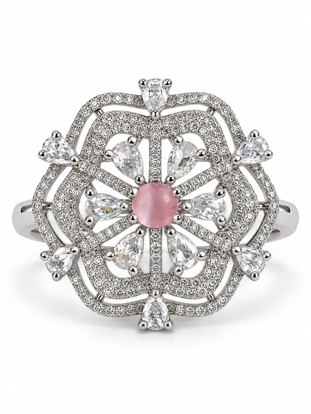 Pink Round Center Geometric Flower Ring - Silver Plated - alternate view