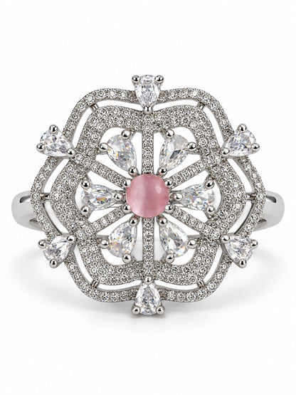 Pink Round Center Geometric Flower Ring - Silver Plated - alternate view
