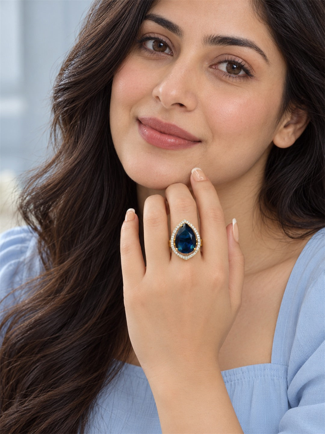 Blue Pear Stone Halo Ring - Gold Plated, additional view 2