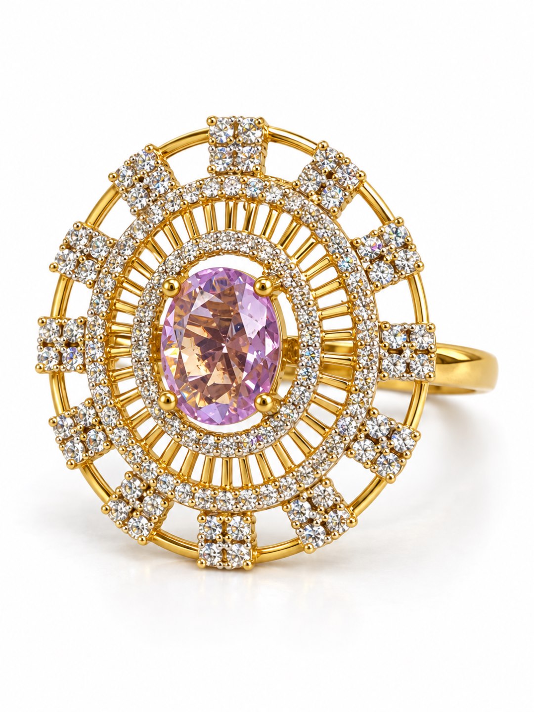 Lavender Center Stone Baguette Halo Ring - Gold Plated