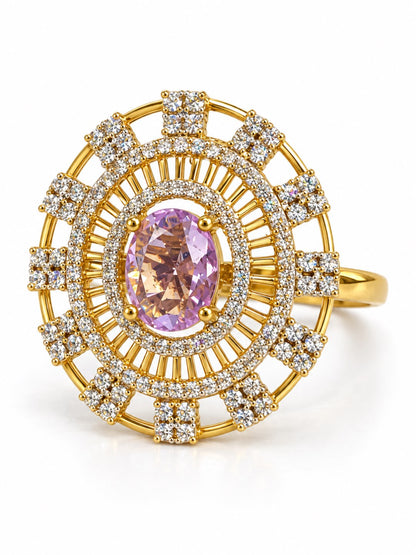 Lavender Center Stone Baguette Halo Ring - Gold Plated